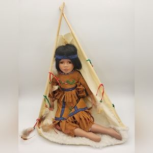 Vintage Native American Girl Doll & Teepee Goldenvale 1-2000 Porcelain 15".